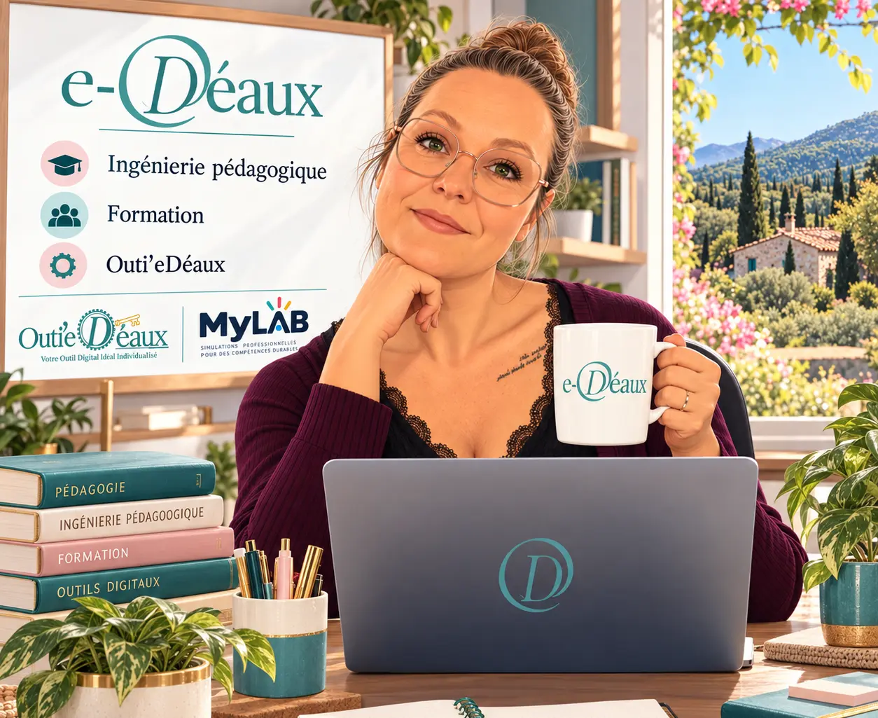 Stéphanie Déaux dans son univers professionnel eDéaux, devant les trois activités : ingénierie pédagogique, formation et Outi’eDéaux