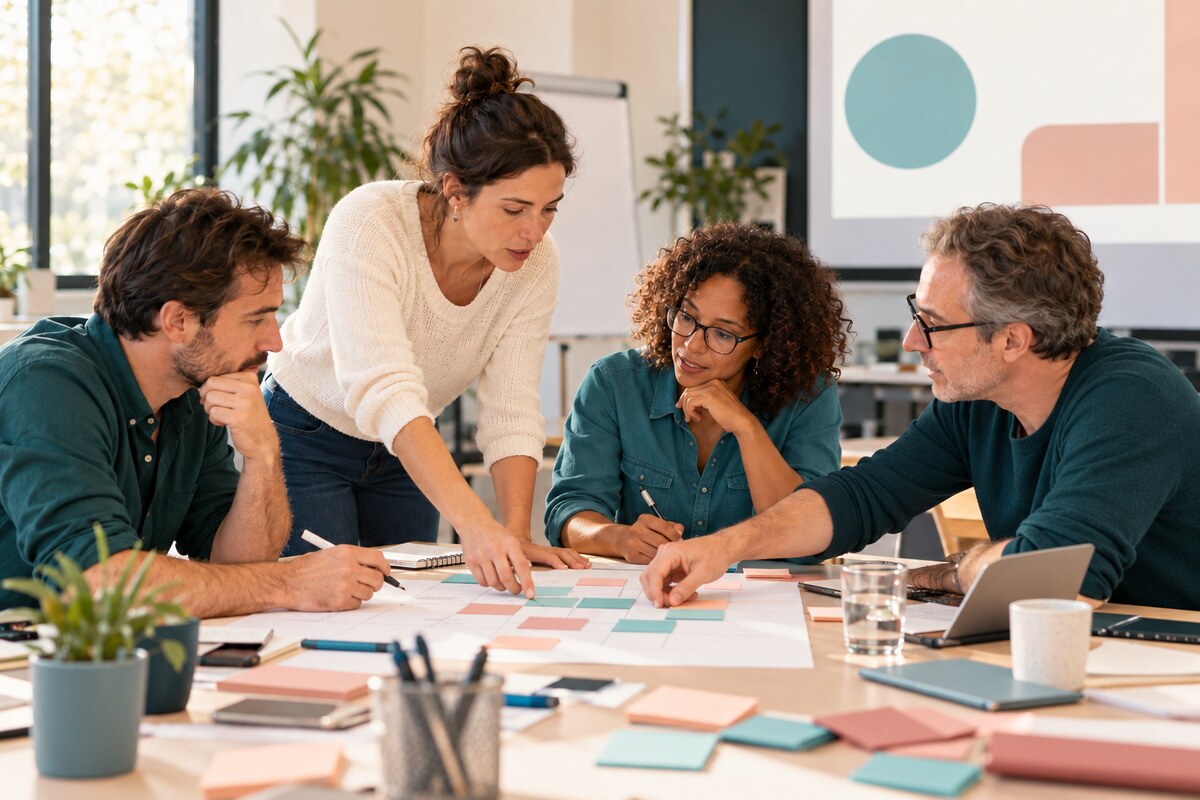 Des adultes en formation collaborent autour d’une production concrète, tandis que l’écran de présentation reste au second plan