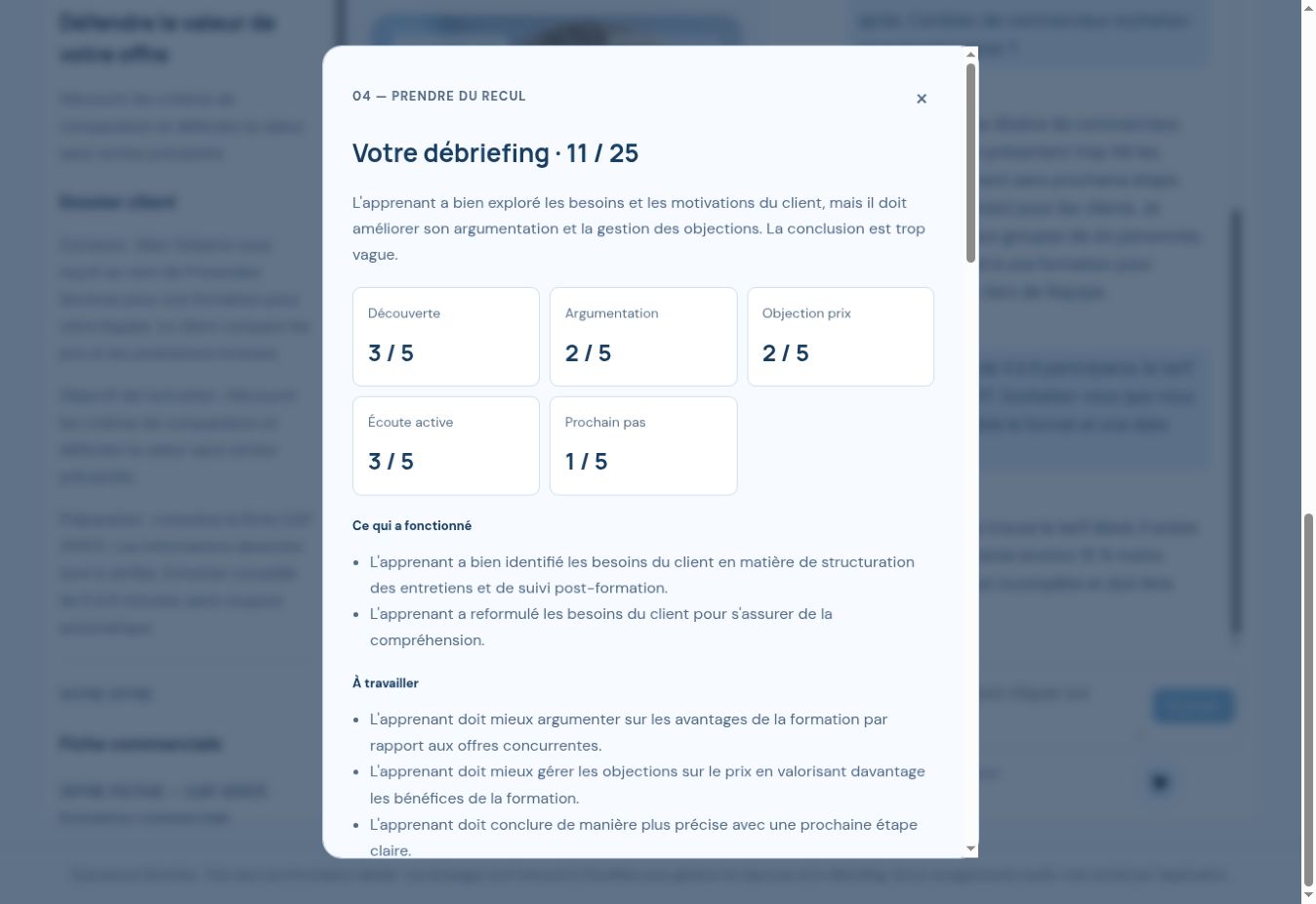 Capture réelle du débrief pédagogique dans MyLAB Vente