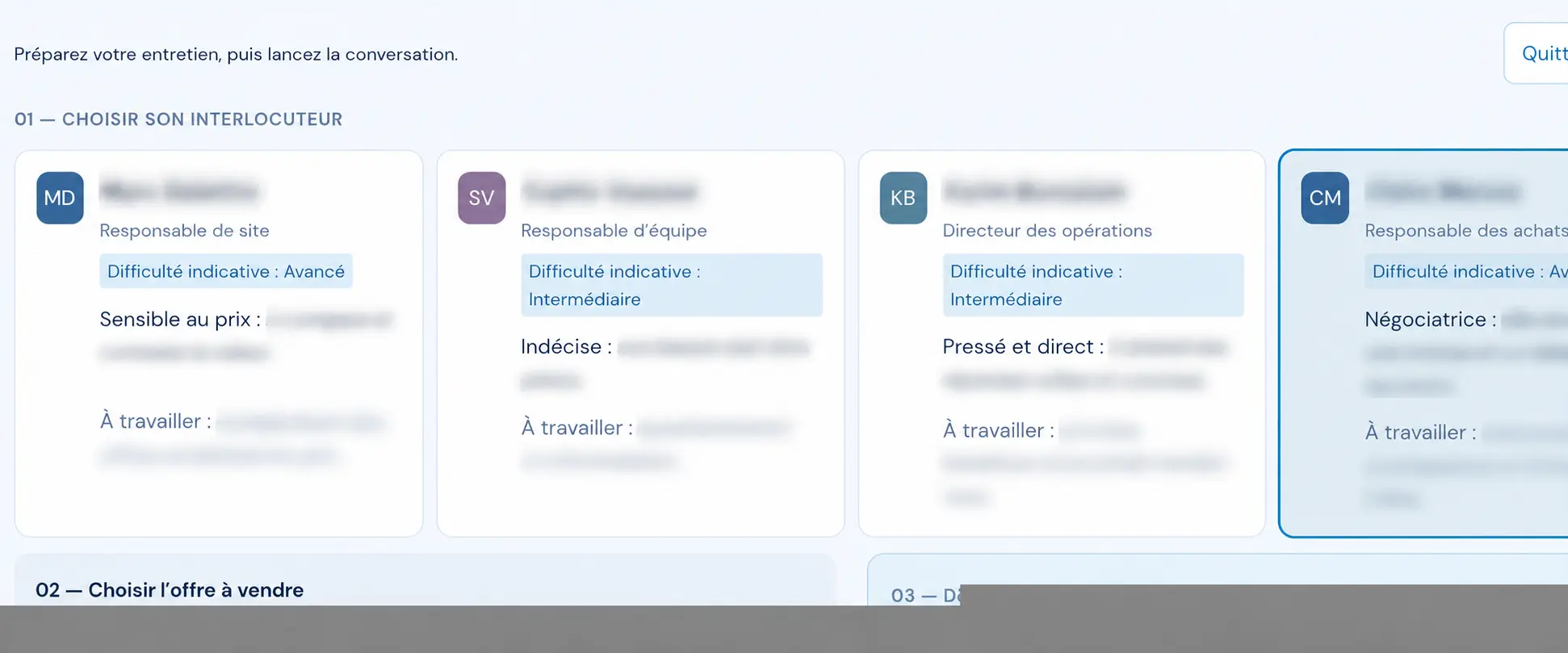 Capture réelle de MyLAB Vente, avec noms anonymisés et détails des scénarios volontairement masqués
